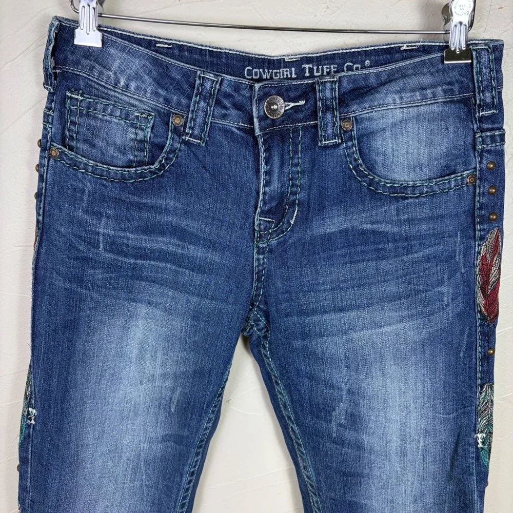 Cowgirl Tuff Bootcut Jeans Blue Feather Embroidered Western Rodeo W28 L32 JBVWGS - Picture 7 of 16